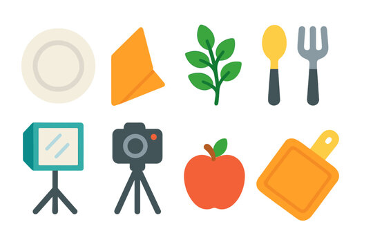 Culinary, photography filled icon set. Kitchen, camera essentials in bright colors