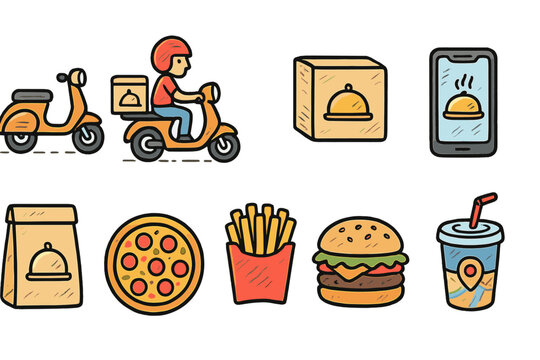 Food delivery flat icon set. Fast food, takeout, courier, mobile ordering icons.