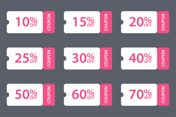 Set of discount coupon ticket. Various coupon promotion illustration. Shopping Discounts.