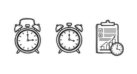 Outline icons of alarm clocks and clipboard with graph and checklist