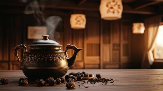 An antique teapot steams on a wooden surface, surrounded by tea leaves, with hanging lanterns