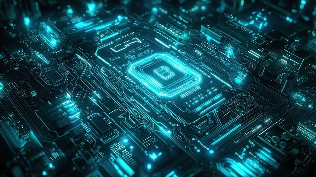 Illuminated circuit board with center glowing emblem, tech aesthetic