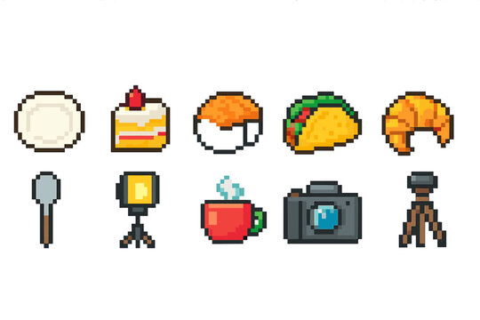 Food and photography icon set. Pixel art style for culinary and camera themes