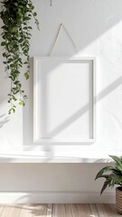 Blank white frame on a shelf with green plants and sunlight.