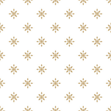 Minimalist golden vector seamless pattern with floral ethnic motif. Gold and white geometric ornament. Abstract luxury background texture with simple flower silhouettes, snowflakes. Repeating design