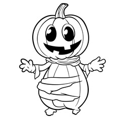 Cute Funny Halloween Vector Illustration coloring pages with pumpkins, ghosts, and bats for kids