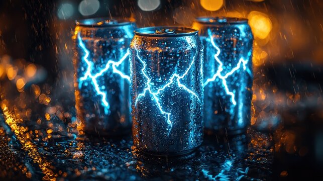 Metallic cans in the rain, highlighted with bright blue energy effects