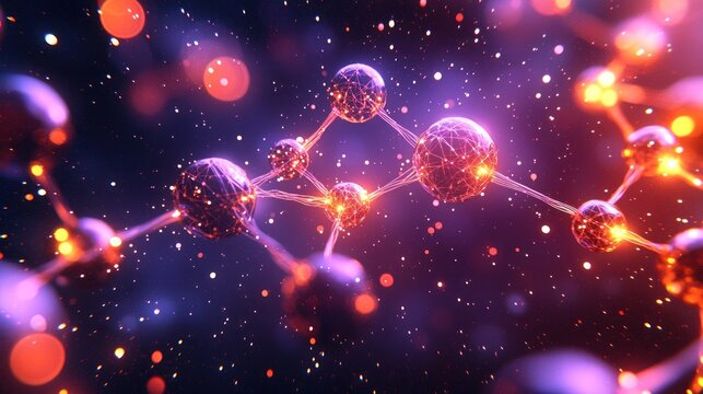 Luminous atom model with glowing bonds against a dark space with bokeh dots - Powered by Adobe