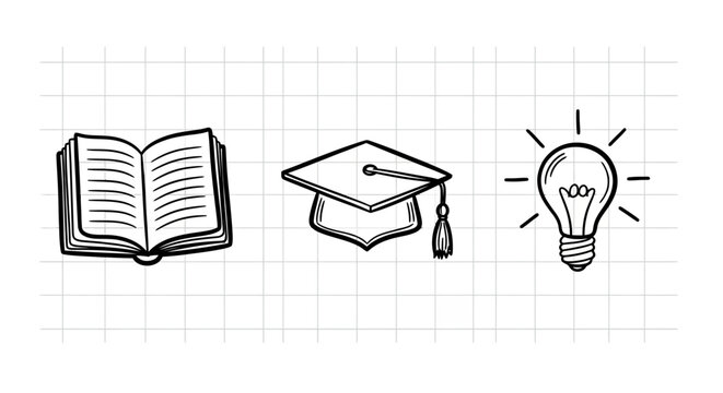 Education symbols on grid: book, graduation cap, light bulb concept in outline style