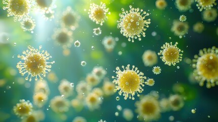 Microscopic view of spiky spheres floating in a vibrant, blurry green space
