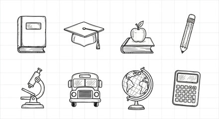 Hand drawn educational icons set featuring books, graduation cap, apple, pencil, microscope, bus, globe, and calculator