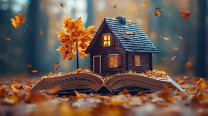 Miniature cozy house rests on open book surrounded by falling autumn leaves