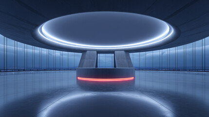 Blue Futuristic Hall with Circular Lights and Central Platform