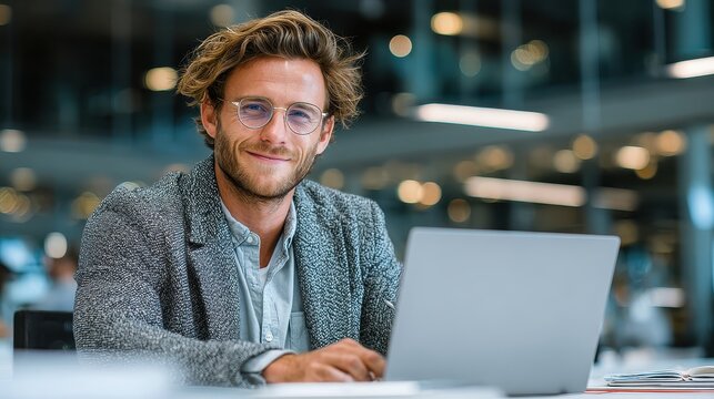 Confident stock market investor smiles while working on laptop at desk in office