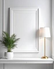 Elegant White Interior with Decorative Frame Plant and Lamp.