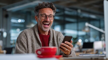 Man in sweater laughs at phone while at desk with red coffee mug in modern office