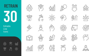 Retrain Line Editable Icons set. Vector illustration in modern thin style of personal growth related icons: learning, career, training, and more. Isolated on transparent background.