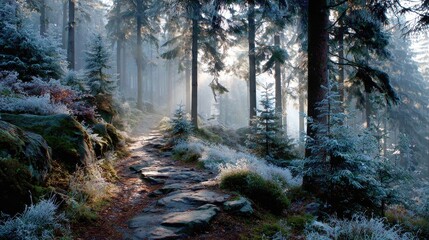 Obraz premium Morning sun beams through frosted trees lining a rocky path in the Harz mountains of Germany