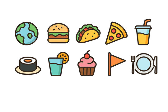 Food and drink icon set in flat style with global cuisine and beverage icons