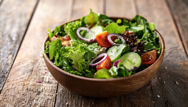 fresh organic salad bowl with vibrant greens healthy meal option light and delicious culinary creation vibrant colors and textures nutritious and appetizing meal served on rustic