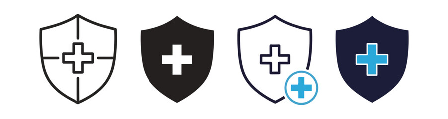 Fototapeta premium Collection of Shield with Medical Cross Sign, Flat Design Isolated on White Background