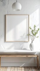 Empty wooden frame on a white wall with a plant in a vase and a bench sunlit interior.