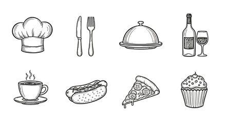 Hand drawn culinary icons: chef hat, cutlery, cloche, wine, and food delights