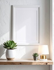 Minimalist Home Decor with Blank Frame Succulents and Lamp on Wooden Shelf.