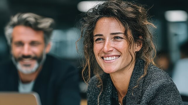 Group of business people looking at laptop in a cafe or co-working space in the evening