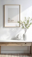 Minimalist Home Decor with Framed Art and Greenery on a Wooden Console Table.