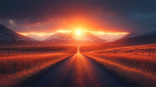Road leads to snowy mountains under a fiery sunset, fields line sides - Powered by Adobe
