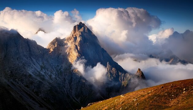 majestic mountain peak under expansive cloudscape with ethereal sky and tranquil scenery for outdoor adventure seekers and landscape photography enthusiasts capturing nature s