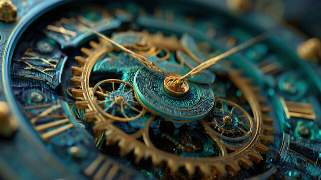 A close-up view of an antique clock showing intricate gears and roman numerals. The hands of the clock point to the time
