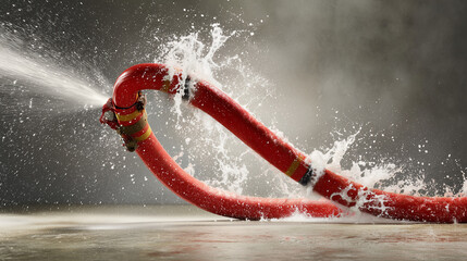 An out-of-control fire hose writhing wildly, spraying water in all directions. mobility guides, transit brochures, designed for transport & logistics marketing, used by interior designers.
