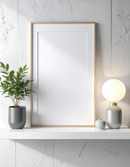 Minimalist interior design with a blank white frame potted plant and modern lamp on a shelf.