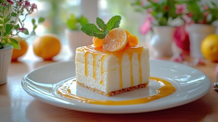 Square cheesecake dessert with citrus glaze, mint, and physalis served on a white plate
