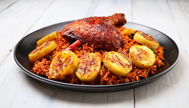 nigerian jollof rice spicy tomato infused rice with peppers onions chicken with fried plantains