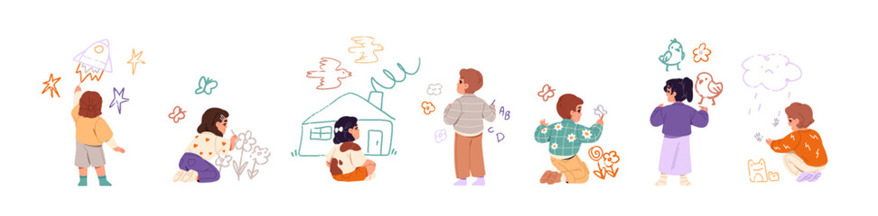 Set of kids drawing on the wall back view. Talented children are painting doodles, animals with chalks. Little boys and girls create scribbles. Flat isolated vector illustrations on white background © Paper Trident