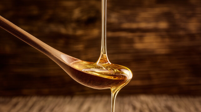 Golden honey dripping from a wooden spoon against a natural wood background. menu design, packaging mockups, designed for culinary blogs and recipe cards for restaurants.
