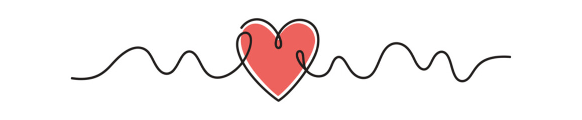 Continuous Black Line Art with Red Heart Shape on White Background Design