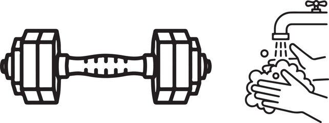 Black and White Outline Icons: Dumbbell and Hand Washing