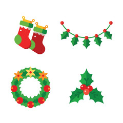 A set of Christmas icons featuring a bell, snowman, candy cane, and holly leaves with berries in a flat style on a white background. Festive holiday concept. Vector illustration