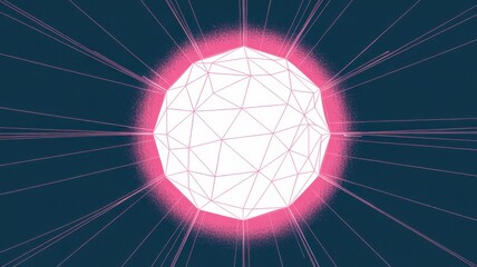 Dazzling geometric sphere radiates vibrant energy with sharp lines against a dark, abstract background creating a sense of futuristic innovation.