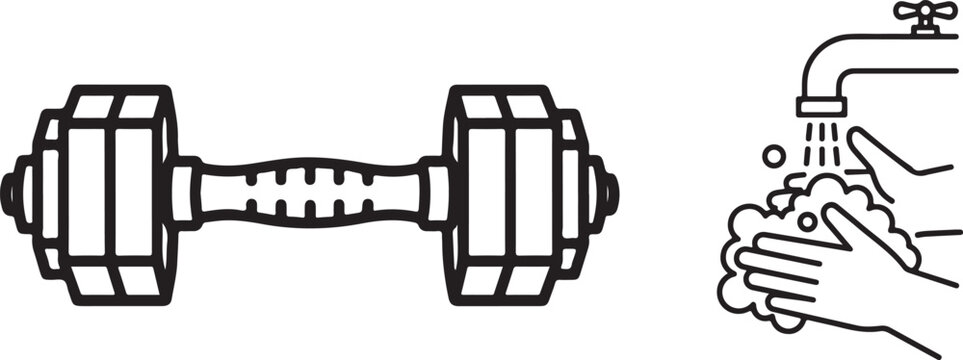 Black and White Outline Icons: Dumbbell and Hand Washing