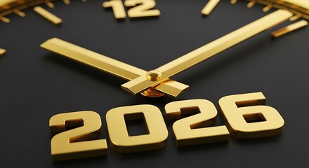 A closeup of a clock face with the year 2026 in gold, symbolizing the passage of time and anticipation for the upcoming year