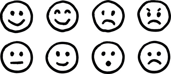 Collection of eight simple hand drawn cartoon faces expressing a range of emotions from happy to sad and surprised