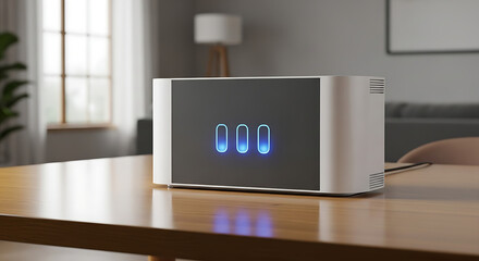 A modern white air purifier with a digital display showing three blue illuminated bars sits on a wooden table in a well-lit room.