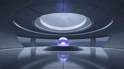 Futuristic Sci-fi Chamber with Purple Sphere and Circular Skylight