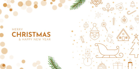 merry christmas white background decoration with golden christmas elements line icons