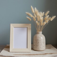Blank wooden picture frame with dried bunny tail grass in a textured vase